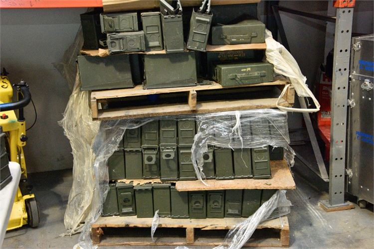 Pallet Of Military Style Ammo Boxes Mix Matched Tops