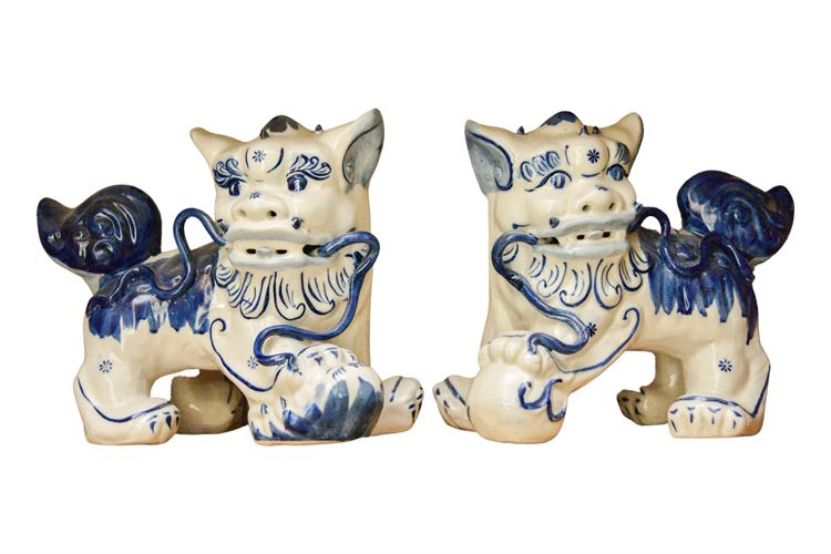 Pair Of Blue and White Asian Foo Dogs