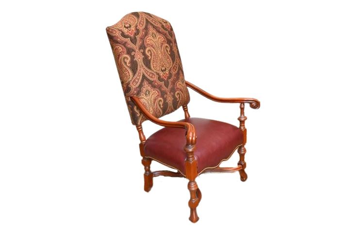 Wood Frame Open Armchair With Leather Seat And Upholstered Back