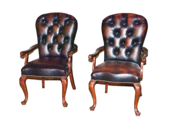 Pair Of Tufted Leather Open Armchairs By Stanley Furniture Company