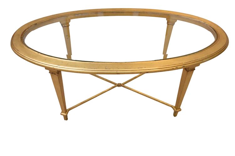 Gilt Metal & Wood Oval Glass Top Table