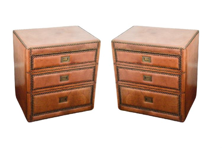 Pair Of Leather Three Drawer Chest With Tack Trim