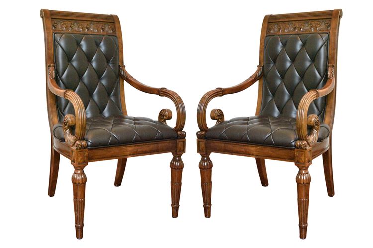 HEKMAN Furniture Carved Mahogany Classical Leather Armchair