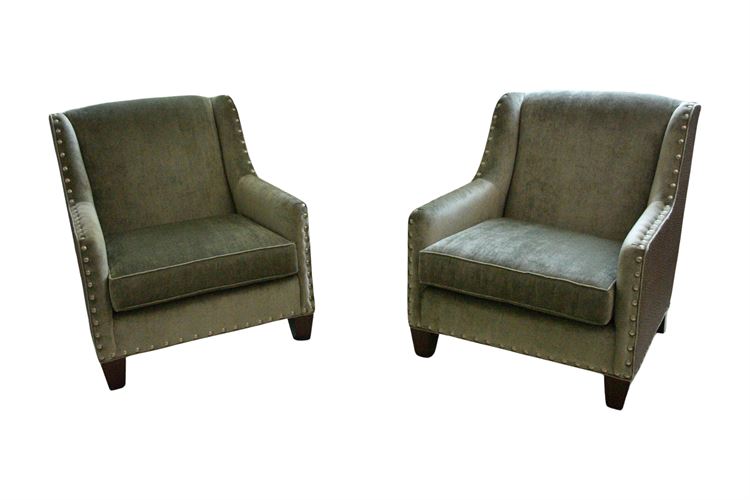 Pair Of upholstered Armchairs  With Faux Ostrich Sides And Silver Tack Trim
