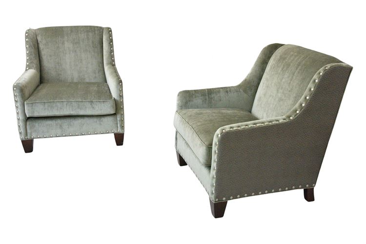 Pair Of upholstered Armchairs With Faux Ostrich Sides And Silver Tack Trim