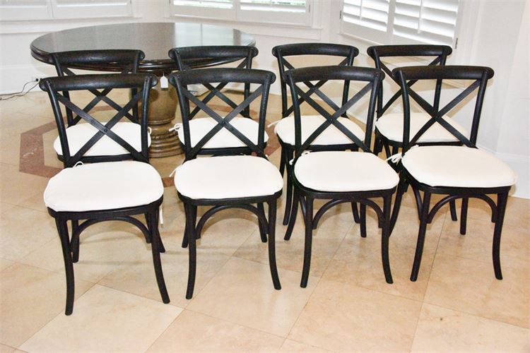 Eight (8) Black Cane Seat Dining Chairs With Cushions