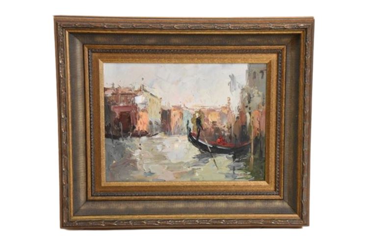 Framed Oil On Canvas Canal Scene Signed
