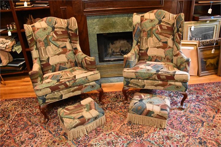 Wingback Chair Upholstered in Book Themed Fabric With Ottoman