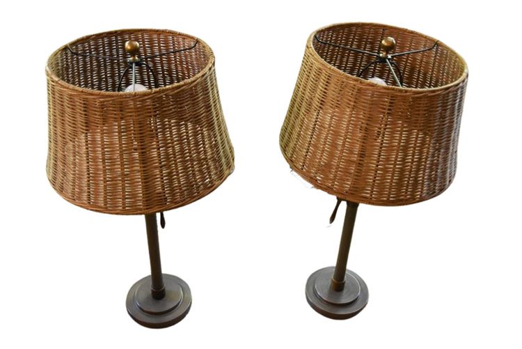 Pair POTTERY BARN Adjustable Brass and Metal lamps With Wicker Shades
