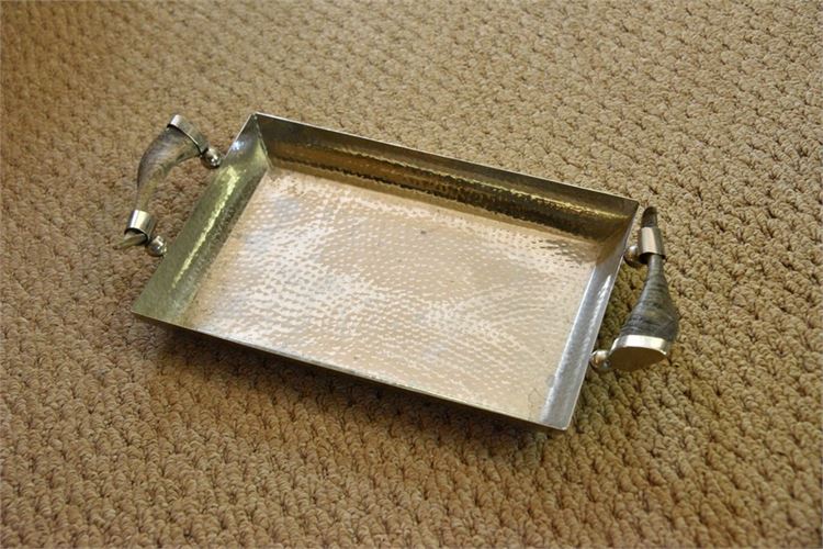 Decorative Silver Metal Tray With Horn Handles