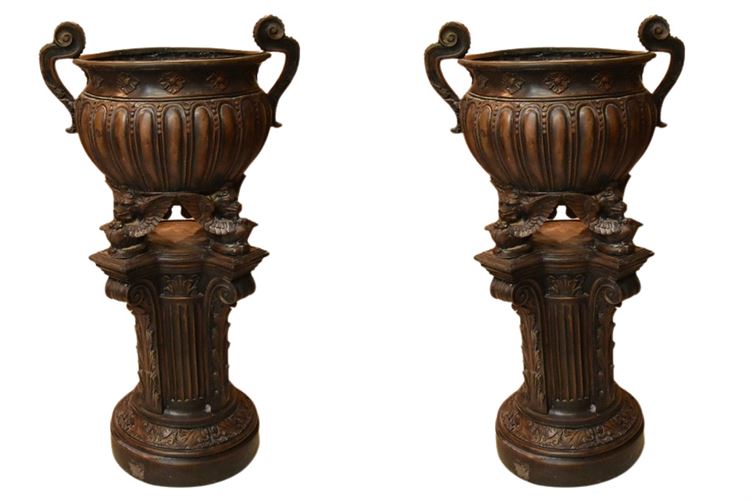 Pair Solid Bronze Urns On Pedestals