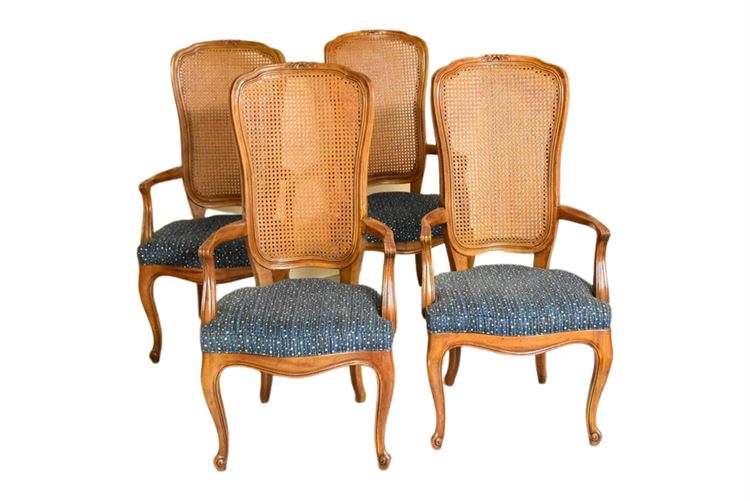 Set Of Four (4) Wooden Cane Back Chairs With Upholstered Seats