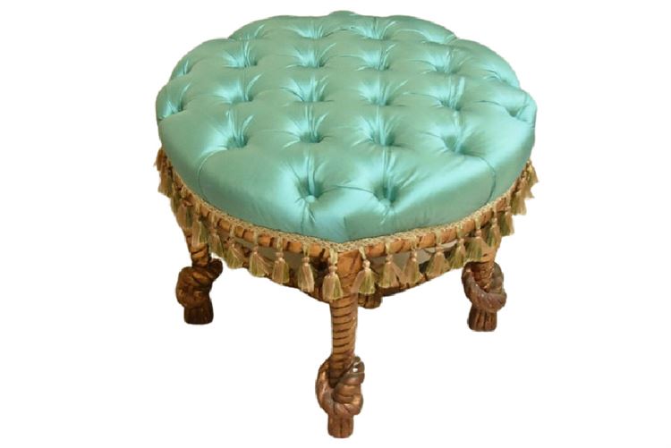 Gilt Rope Form Upholstered Ottoman With Tassel Trim