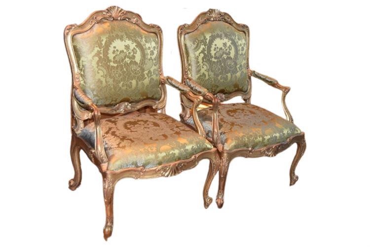 Pair Of Excellent Quality Carved and Upholstered Open Armchairs