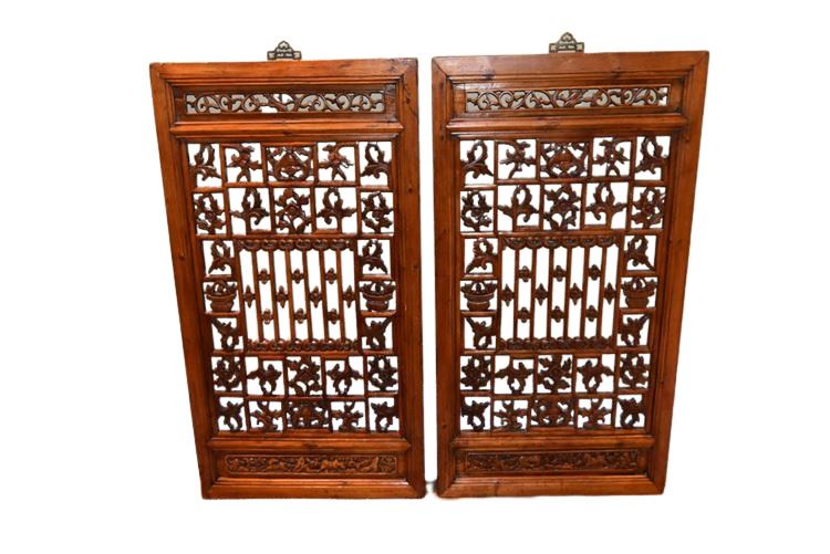Pair Rectanglar Carved Wood Panels