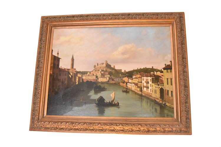 Framed Oil Canvas Canal Scene