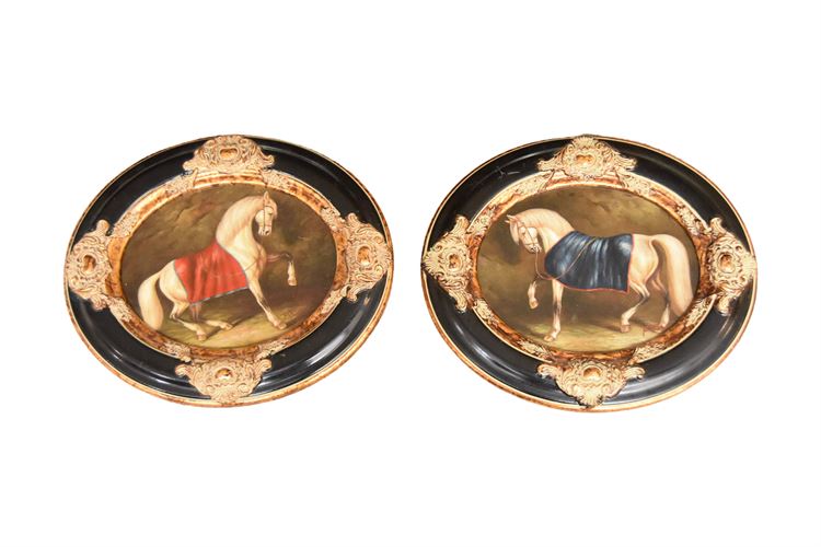Pair Decorative Equine Portraits in Painted and Gilt Oval Frames