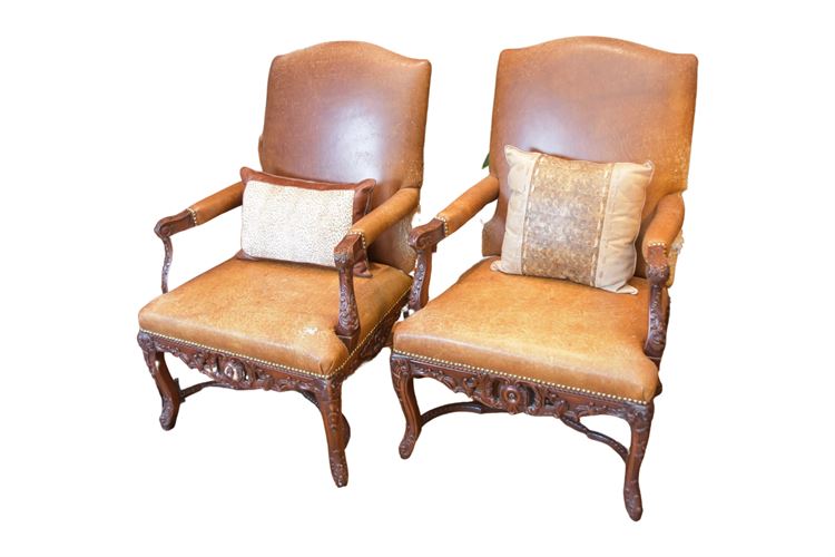 Pair Of Carved Mahogany Leather Upholstered Open Armchairs With Tack Trim