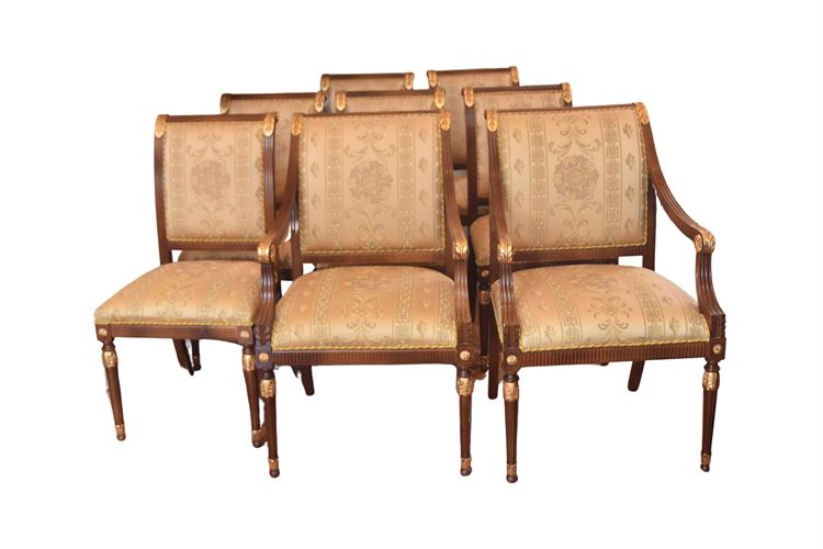 Set Of Eight Upholstered Mahogany Dining Chairs With Gilt Accents