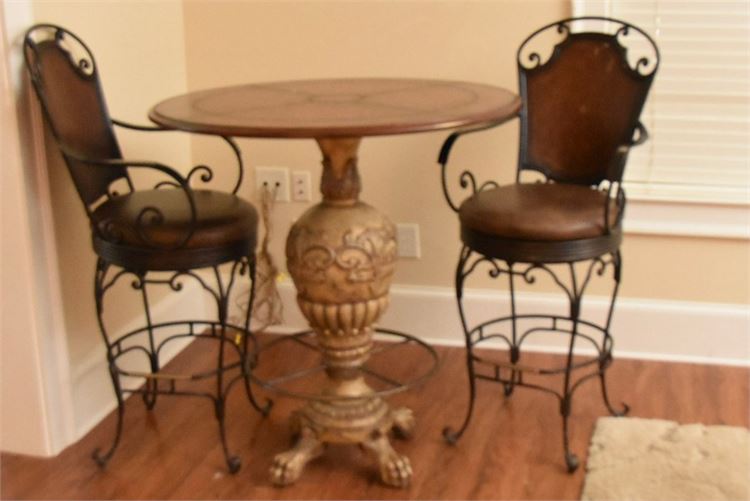 Classical Style Bar Table And Two Scrolled Metal Swivel Stool