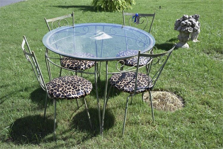 Metal Glass Top Table With Four (4) Chair W/ Leopard Print Seats