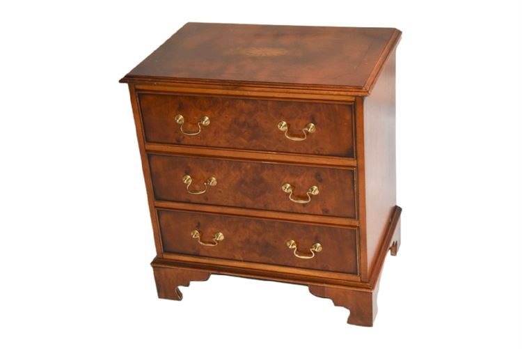 Three Drawer Burlwood Bachelors Chest With Inlaid Details