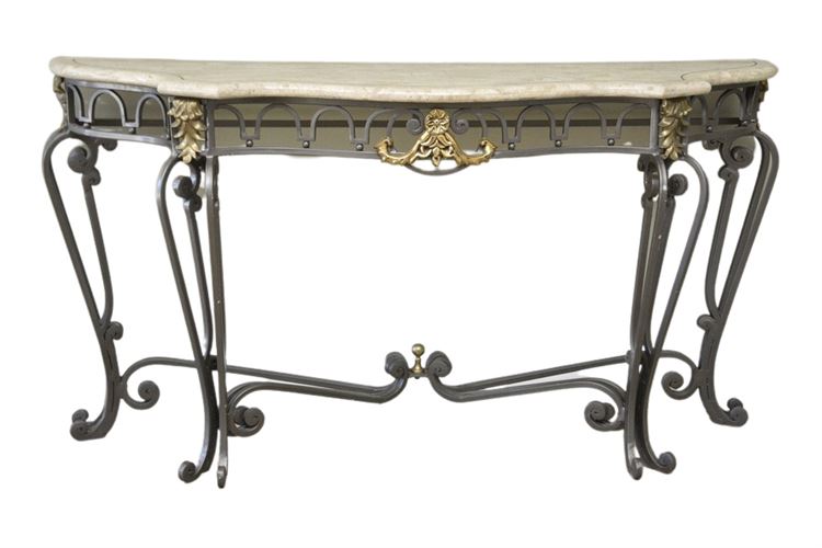 Scrolled Metal Marble Top Console With Gilt Accents