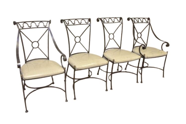 Set Of Four (4) Scrolled Metal Chairs With Upholstered Seats