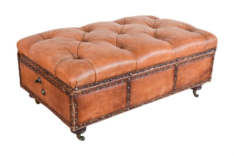HENERDON Tufted Leather Storage Ottoman With Tack Trim On Casters