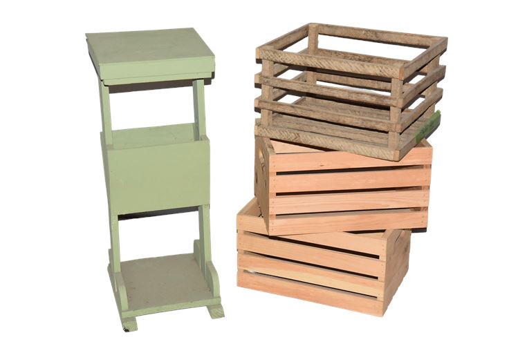 Painted Plant Stand and Three (3) Wooden Crates