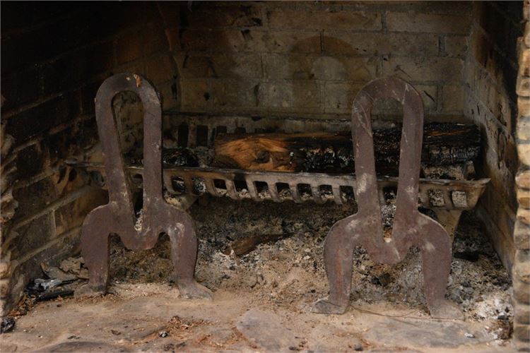 Pair Cast Iron Andirons and Log Holder