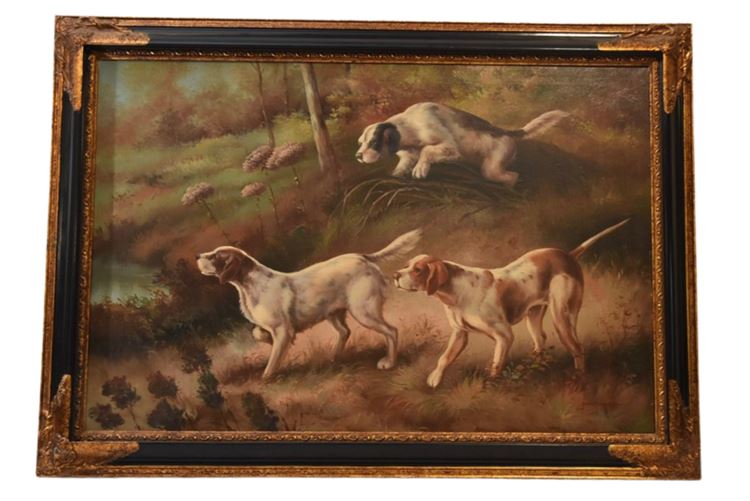 Framed Decorative Oil On Canvas (Dogs In The Forest)