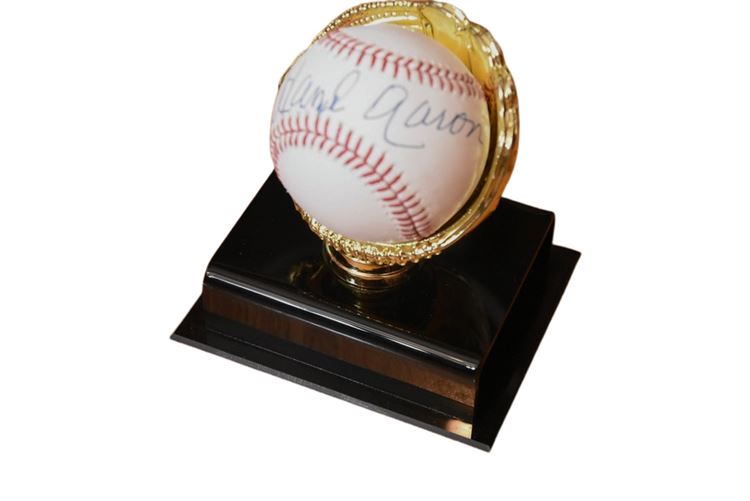 HANK AARON Autographed Baseball W/ Display Stand