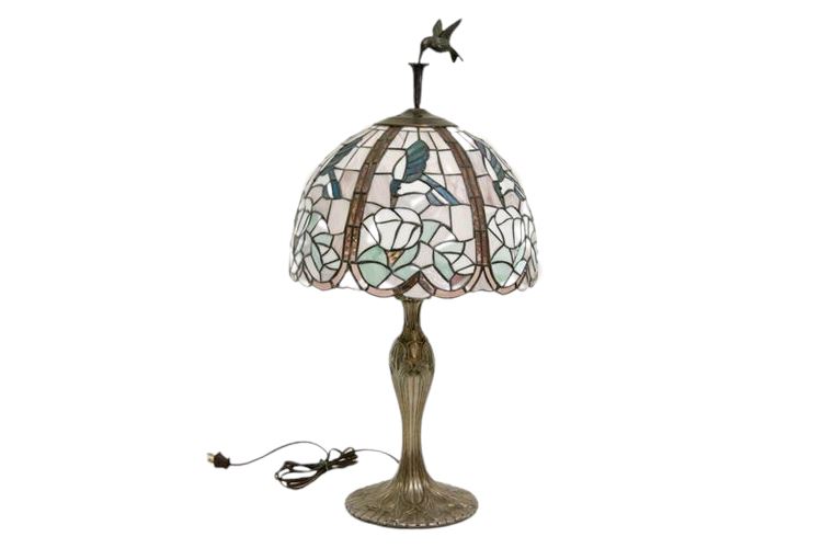 Tiffany Style Leaded Glass Lamp With Applied Aluminum Humming Bird Figure