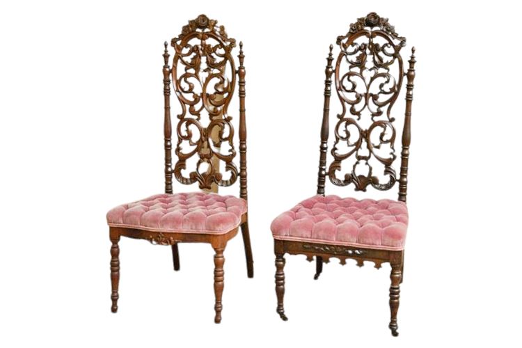 Pair Antique Gothic Chair With Tufted Upholstered Seats