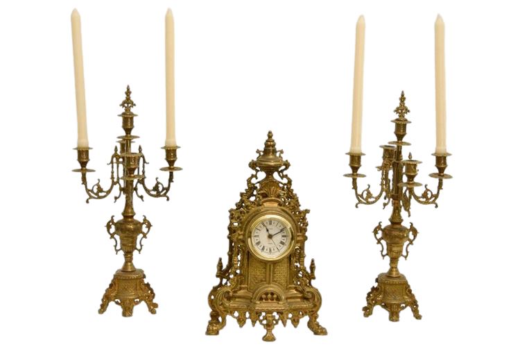 URAINO Brass Mantel Clock With Matching Candelabra