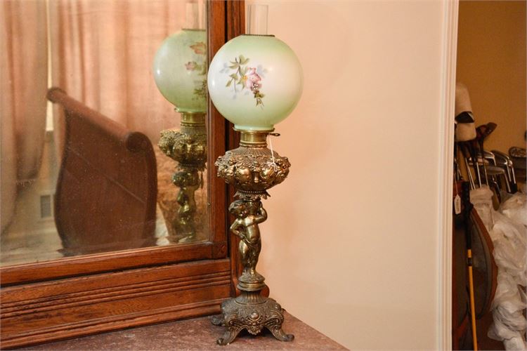 Vintage Brass Figural Oil Lamp With Shade