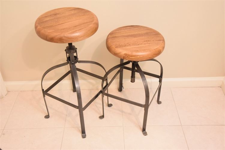 Two (2) Industrial Wooden Wrought Iron Swivel Bar Stool