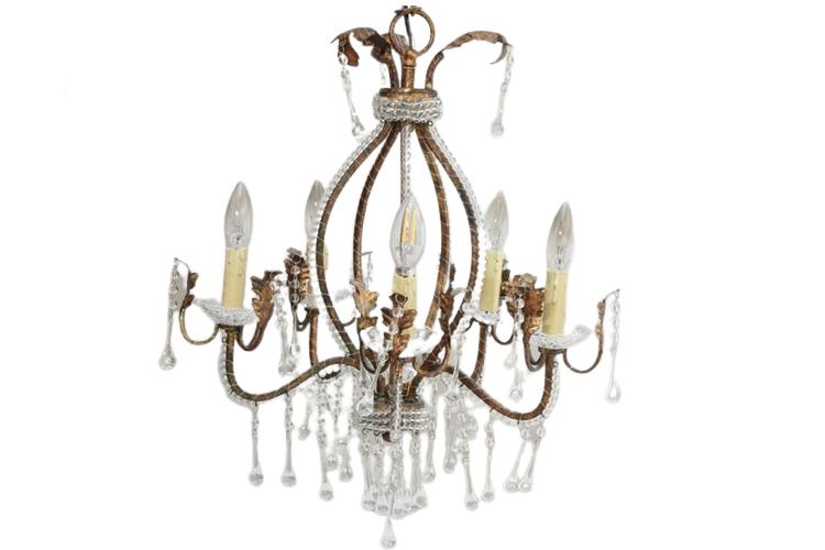 Scrolled Metal Chandelier With Glass Prisms