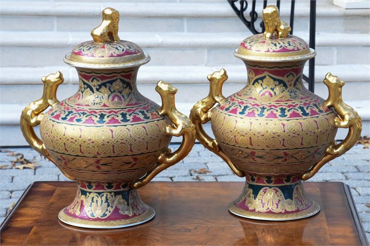 Pair Painted and Gilt Asian Urns