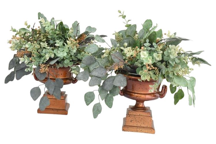 Pair Decorative Urns With Faux Floral Arrangements