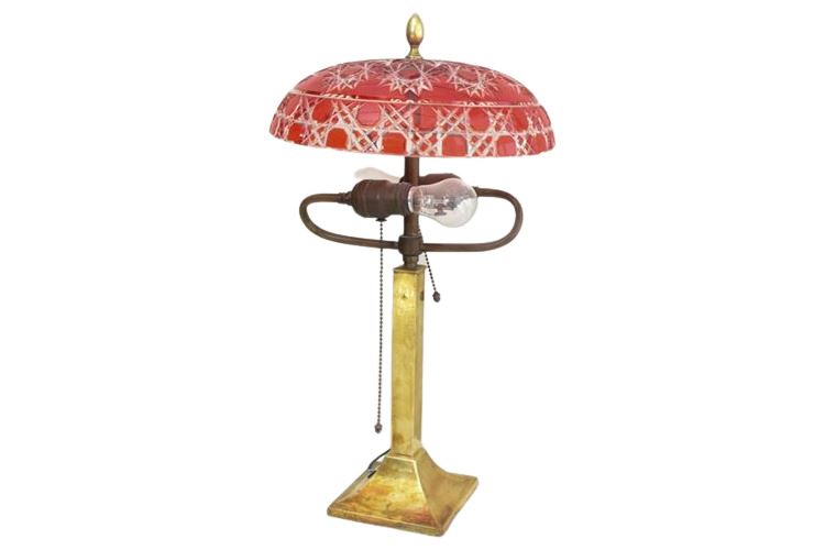 Vintage Brass Table Lamp With Red Cut Glass Shade