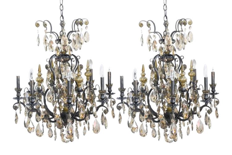 Pair Wrought Iron Chandeliers With Tinted Prisms