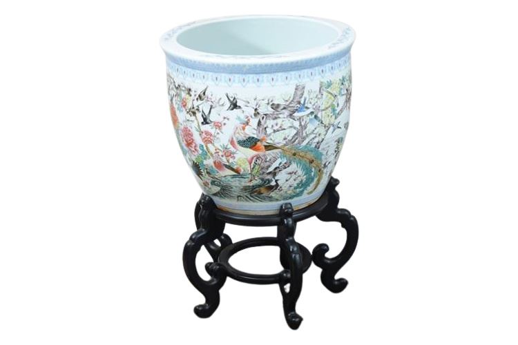 Asian Porcelain Planter On Stand