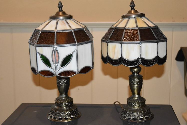 Pair Table Lamps With Leaded Glass Shades