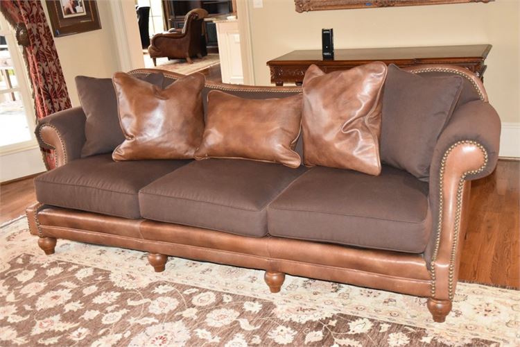 CENTURY Leather and Fabric Upholstered Rolled Arm Sofa With Tack Trim