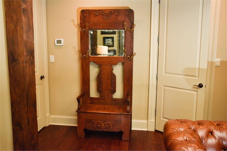 Antique American Oak Hall Tree Beveled Mirror and Carvings