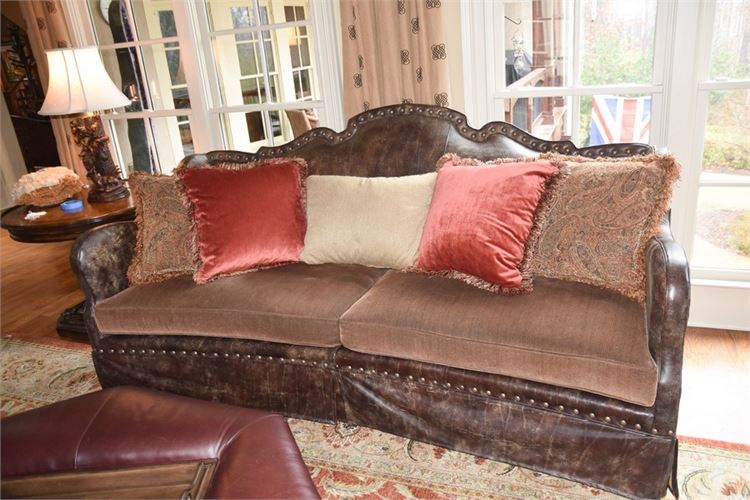 Traditional Leather & Fabric Sofa With Tack Trim