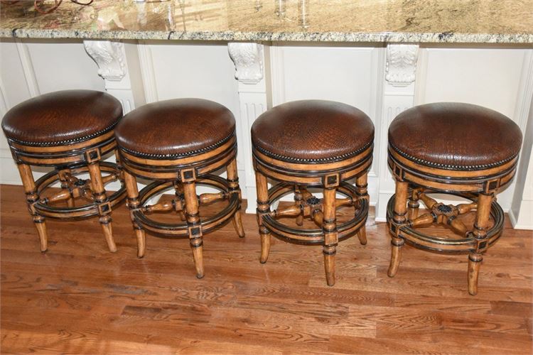 Four (4)  MARGE CARSON Leather Upholstered Stools With Tack Trim