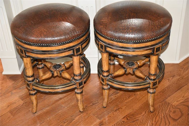 Pair MARGE CARSON Leather Upholstered Stools With Tack Trim